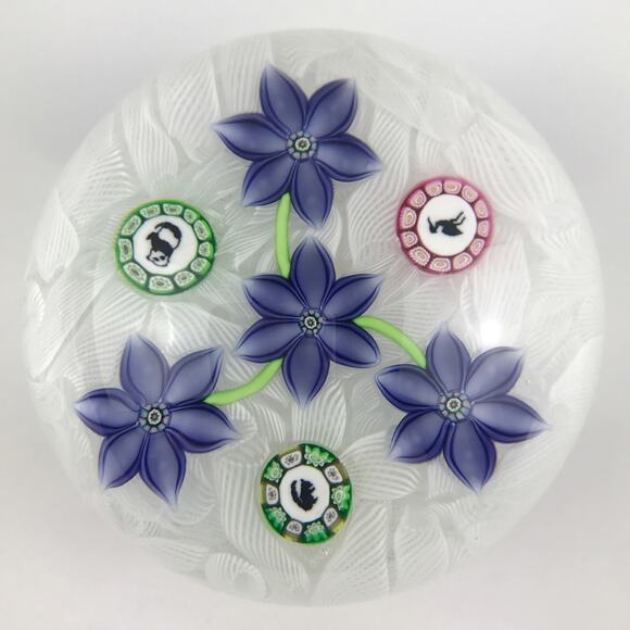 Perthshire 1995B Blue Flowers on Lace Picture Cane Squirrel Panda Paperweight - Picture 1 of 15